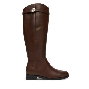 Kozaki Guess. Brązowe kozaki Guess, z aplikacjami, bez obcasa, na płaskiej podeszwie, bez zapięcia. Za 719,99 zł.