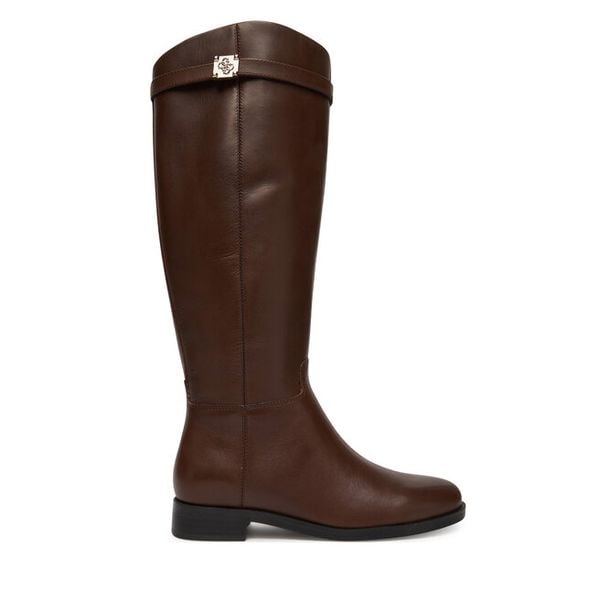 Kozaki Guess. Brązowe kozaki Guess, z aplikacjami, bez obcasa, na płaskiej podeszwie, bez zapięcia. Za 719,99 zł.