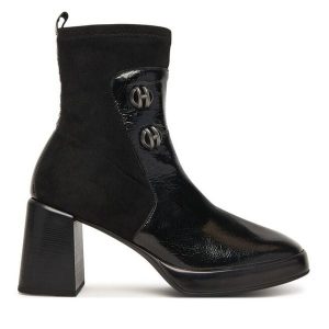 Botki Hispanitas. Czarne botki Hispanitas, bez wzorów, bez obcasa, na słupku, bez zapięcia. Za 599,99 zł.