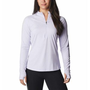 Koszulka z długim rękawem damska Columbia Endless Trail 1/2 Zip Mesh Long Sleeve. Fioletowe bluzki Columbia, m, bez wzorów, z meshu, sportowe, bez kołnierzyka, bez ramiączek. Za 299,00 zł.