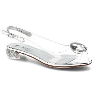 Sandały damskie Scaviola, z transparentnego tworzywa i skóry ekologicznej zapinane na klamerkę i z dekoracyjnym kryształem, srebrne, G-15. Szare sandały Sca'viola, z aplikacjami, ze skóry ekologicznej, bez obcasa, na obcasie, bez zapięcia. Za 299,00 zł.