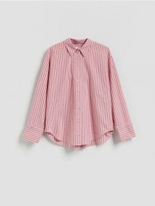 Bawełniana koszula w paski - czerwony. Czerwone koszule Reserved, l, bez wzorów, z bawełny, bez kołnierzyka, bez ramiączek. Za 109,99 zł.