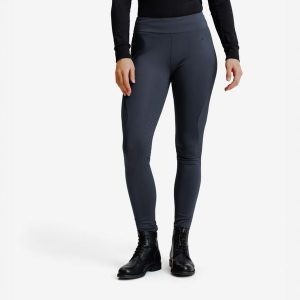 Legginsy jeździeckie damskie ciepłe z silikonowym lejem szare. Szare legginsy FOUGANZA, bez wzorów, z materiału, z podwyższonym stanem, długie. Za 179,99 zł.