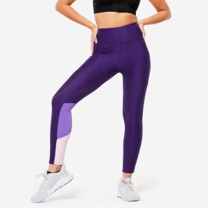 Legginsy fitness damskie Domyos. Fioletowe legginsy DOMYOS, bez wzorów, z elastanu, z podwyższonym stanem. W wyprzedaży za 59,99 zł.