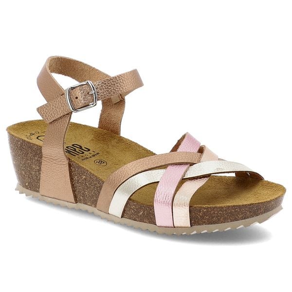 Sandały damskie HEE, skórzane na korkowym koturnie skórzane ze sprzączką, kolorowe, 25001. Białe sandały Hee, z aplikacjami, z materiału, bez obcasa, na koturnie, bez zapięcia. Za 189,00 zł.