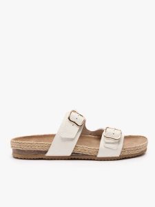 Kremowe klapki z dwoma paskami. Brązowe klapki Ryłko, bez wzorów, ze skóry, z okrągłym noskiem, bez obcasa, na płaskiej podeszwie. Za 379,99 zł.