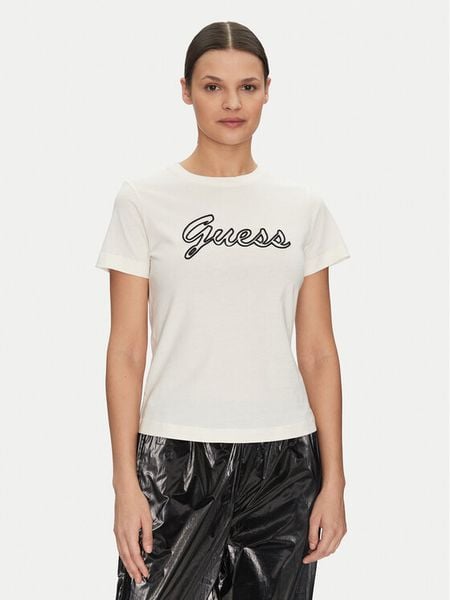 Guess T-Shirt V5GI02 K9RM1 Écru Slim Fit. Białe t-shirty Guess, xxs, z aplikacjami, z bawełny, bez kołnierzyka, bez ramiączek. Za 85,99 zł.