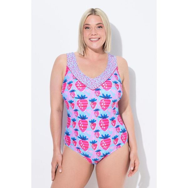 Damski Strój kąpielowy truskawki miękkie miseczki podszewka na całości. Niebieskie stroje jednoczęściowe Ulla Popken, bez wzorów, z elastanu. Za 244,99 zł.