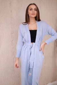 Sweter długi kardigan wiązany w talii niebieski. Niebieskie długie swetry KESI, l, z wełny, bez kołnierzyka, plus size. Za 178,78 zł.