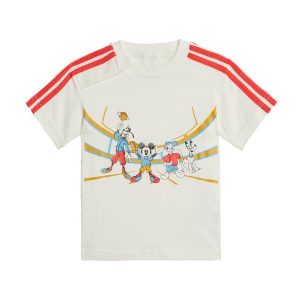 Koszulka adidas x Disney Mickey Mouse. Białe bluzki ADIDAS, m, bez wzorów, z bawełny, sportowe, bez kołnierzyka, bez ramiączek. W wyprzedaży za 84,05 zł.