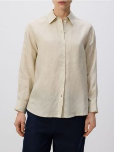 Lniana koszula - kremowy. Białe koszule Reserved, l, bez wzorów, z tkaniny, bez kołnierzyka, bez ramiączek. Za 179,99 zł.