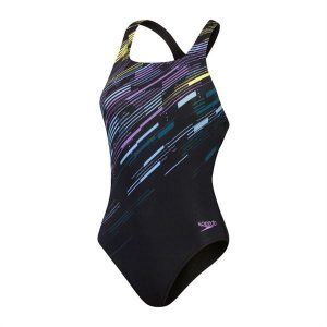 Damski kostium kąpielowy 1-częściowy Speedo Eco+m Dig Print Medalist. Czarne kombinezony Speedo, m, bez wzorów, z materiału, bez kołnierzyka, bez ramiączek. Za 221,98 zł.