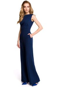 Elegancki Kombinezon z Szerokimi Nogawkami - Granatowy. Niebieskie kombinezony MOE, l, bez wzorów, z elastanu, eleganckie, bez kołnierzyka, bez ramiączek. Za 263,90 zł.