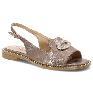 Sandały damskie S.Barski, cholewka ze skóry ekologicznej na płaskiej podeszwie z elegancką broszką, szare, KV61-6040. Szare sandały S.BARSKI, bez wzorów, ze skóry ekologicznej, bez obcasa, na płaskiej podeszwie, bez zapięcia. Za 129,00 zł.