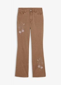 Jeansy bootcut z haftem, z elastycznej mieszanki bawełny. Brązowe jeansy bonprix, bez wzorów, z bawełny. Za 199,99 zł.