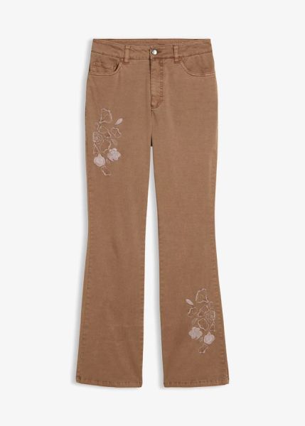 Jeansy bootcut z haftem, z elastycznej mieszanki bawełny. Brązowe jeansy bonprix, bez wzorów, z bawełny. Za 209,99 zł.