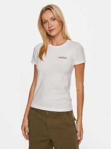 Guess Jeans T-Shirt W4YI02 J1314 Biały Slim Fit. Białe t-shirty Guess Jeans, xxl, z aplikacjami, z bawełny, bez kołnierzyka, bez ramiączek. Za 139,99 zł.