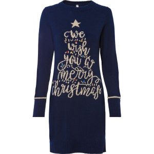 Sukienka dzianinowa z bożonarodzeniowym motywem. Czarne sukienki bonprix, bez wzorów, z dzianiny, eleganckie, bez kołnierzyka, bez ramiączek. Za 169,99 zł.