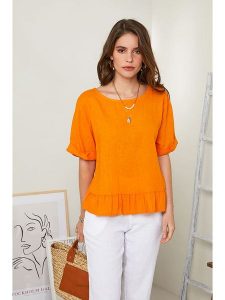 Rodier Lin Lniana bluzka w kolorze pomarańczowym rozmiar: XL/XXL. Pomarańczowe bluzki Rodier Lin, xl, bez wzorów, ze lnu, bez kołnierzyka, bez ramiączek. Za 140,53 zł.