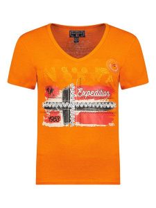 Geographical Norway Koszulka w kolorze pomarańczowym rozmiar: XL. Pomarańczowe bluzki Geographical Norway, xl, bez wzorów, z bawełny, bez kołnierzyka, bez ramiączek. Za 30,71 zł.