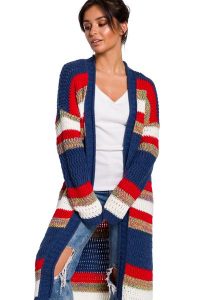 Długi sweter w kolorowe pasy kardigan narzutka z modnym splotem. Długie swetry Sukienki.shop, l, z jeansu, bez kołnierzyka. Za 309,00 zł.