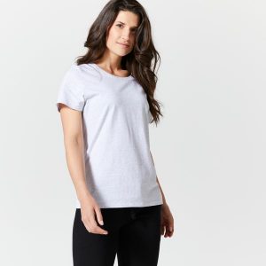 Koszulka z krótkim rękawem damska Domyos Gym & Pilates 100. Białe bluzki DOMYOS, xl, bez wzorów, z bawełny, klasyczne, bez kołnierzyka, bez ramiączek. Za 24,99 zł.