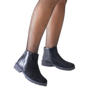 Czarne botki z motywem skóry krokodyla eko-zamsz Mifsada. Czarne botki na zimę, bez wzorów, z gumy, za kostkę, bez obcasa, na obcasie, bez zapięcia. Za 101,26 zł.