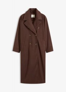 Płaszcz oversize z materiału w optyce wełny. Brązowe płaszcze bonprix, bez wzorów, z wełny, bez kaptura. Za 359,99 zł.