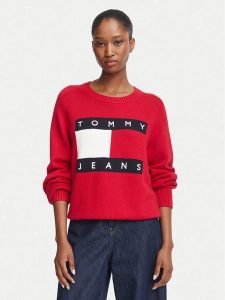 Tommy Jeans Sweter Flag DW0DW23450 Czerwony Regular Fit. Czerwone swetry klasyczne Tommy Jeans, s, z bawełny, bez kołnierzyka. Za 489,99 zł.