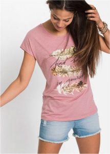 T-shirt z brokatowym nadrukiem. Czerwone t-shirty bonprix, bez wzorów, bez kołnierzyka, bez ramiączek. Za 59,99 zł.
