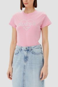 GUESS Różowy damski t-shirt Narciso. Czerwone t-shirty Guess, s, z aplikacjami, bez kołnierzyka, bez ramiączek. W wyprzedaży za 99,99 zł.