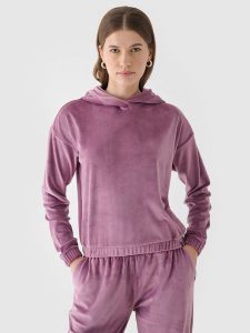 4F Bluza dresowa z weluru nierozpinana z kapturem damska - różowa XS. Czerwone bluzy 4f, xs, bez wzorów, z dresówki, z kapturem. W wyprzedaży za 59,99 zł.