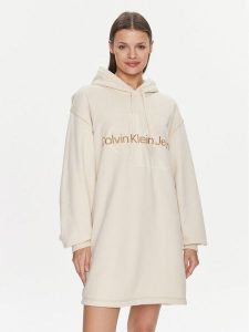 Calvin Klein Jeans Sukienka codzienna Hero Monologo Hoodie Dress J20J223245 Écru Relaxed Fit. Kombinezony Calvin Klein Jeans, s, bez wzorów, z bawełny, bez kołnierzyka, bez ramiączek. Za 439,99 zł.