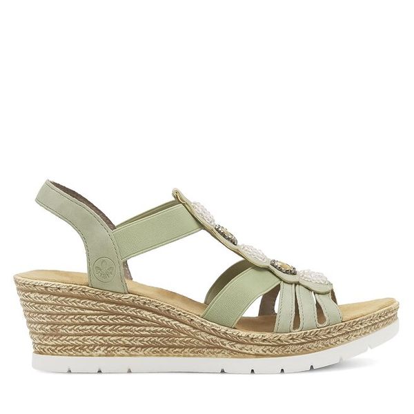 Sandały Rieker. Zielone sandały Rieker, bez wzorów, bez obcasa, na koturnie, bez zapięcia. Za 319,99 zł.