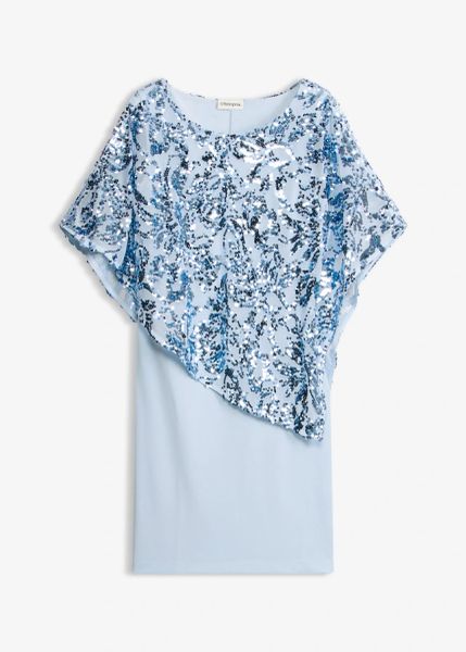 Sukienka koktajlowa z narzutką z cekinami. Niebieskie sukienki bonprix, bez wzorów, bez kołnierzyka, bez ramiączek. Za 329,99 zł.