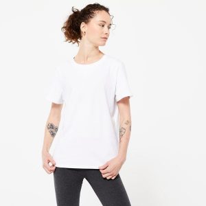 Koszulka damska Domyos Gym & Pilates. Białe bluzki DOMYOS, xs, bez wzorów, z bawełny, sportowe, bez kołnierzyka, bez ramiączek. Za 39,99 zł.