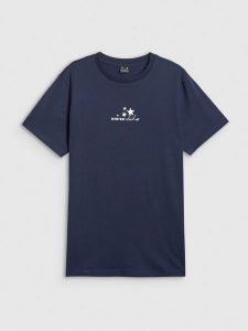 4F T-shirt oversize z nadrukiem damski - granatowy M. Niebieskie t-shirty 4f, m, bez wzorów, z dzianiny, bez kołnierzyka, bez ramiączek. Za 79,99 zł.
