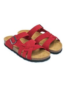 Mandel Skórzane klapki w kolorze czerwonym rozmiar: 36. Czerwone klapki Mandel, bez wzorów, ze skóry, z otwartym noskiem, bez obcasa. Za 130,99 zł.