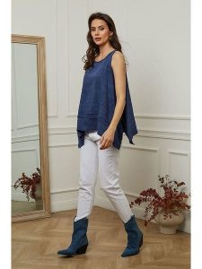 Plume Top "Mylene" w kolorze granatowym rozmiar: M. Niebieskie topy Plume, m, bez wzorów, z asymetrycznym kołnierzem, bez ramiączek. Za 88,02 zł.