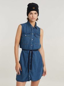 G-Star Sukienka dżinsowa w kolorze niebieskim rozmiar: S. Niebieskie sukienki G-Star, s, bez wzorów, retro, bez kołnierzyka, bez ramiączek, mini. Za 250,35 zł.