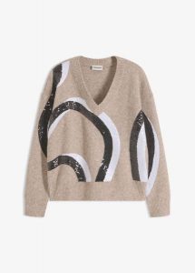 Sweter z aplikacją z cekinów. Brązowe swetry klasyczne bonprix, bez kołnierzyka. Za 159,99 zł.