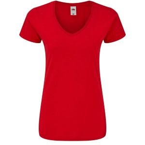 Koszulka Damska Iconic 150 Z Dekoltem V. Czerwone bluzki FRUIT OF THE LOOM, l, bez wzorów, sportowe, bez kołnierzyka, bez ramiączek. Za 40,99 zł.