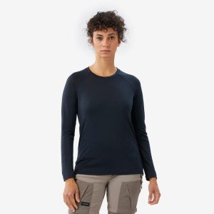 Koszulka trekkingowa damska z długim rękawem Merino Resist. Czarne bluzki FORCLAZ, l, bez wzorów, z materiału, sportowe, bez kołnierzyka, bez ramiączek. Za 199,99 zł.