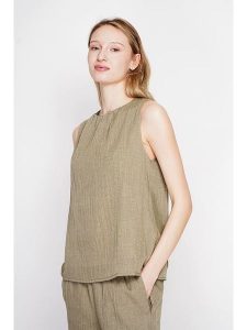 Le Jardin du Lin Lniany top w kolorze khaki rozmiar: 36. Brązowe topy Le jardin du lin, bez wzorów, ze lnu, bez kołnierzyka, bez ramiączek. Za 100,99 zł.