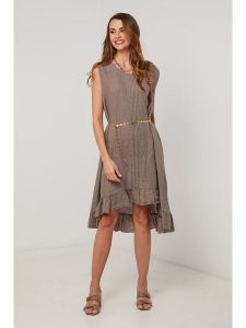 Lin Passion Lniana sukienka w kolorze szarobrązowym rozmiar: 36/38. Brązowe sukienki Lin Passion, bez wzorów, ze lnu, klasyczne, bez kołnierzyka, bez ramiączek, midi. Za 152,99 zł.