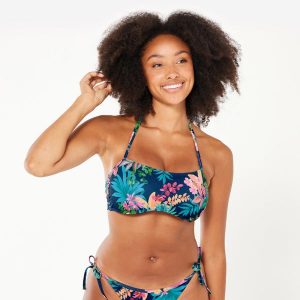 Góra kostiumu kąpielowego surfingowego damska Olaian Laura Borabora. Niebieskie bikini OLAIAN, bez wzorów, z elastanu. Za 59,99 zł.