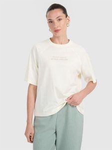 4F T-shirt oversize z nadrukiem damski - biały XL. Białe t-shirty 4f, xl, bez wzorów, z bawełny, bez kołnierzyka, bez ramiączek. Za 69,99 zł.