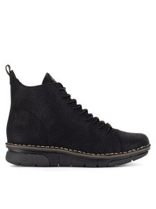 Rieker Trzewiki 73333-00 Czarny. Czarne botki Rieker, bez wzorów, z materiału, bez obcasa, na płaskiej podeszwie, bez zapięcia. Za 251,99 zł.