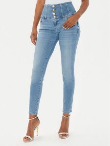 Guess Jeansy W4YA0M D5E42 Niebieski Skinny Fit. Niebieskie jeansy Guess, z aplikacjami, z bawełny. Za 319,99 zł.