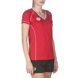 Koszulka damska Arena Team Line SS Tee. Czerwone koszulki sportowe Arena, bez wzorów, z materiału, bez ramiączek. Za 47,60 zł.